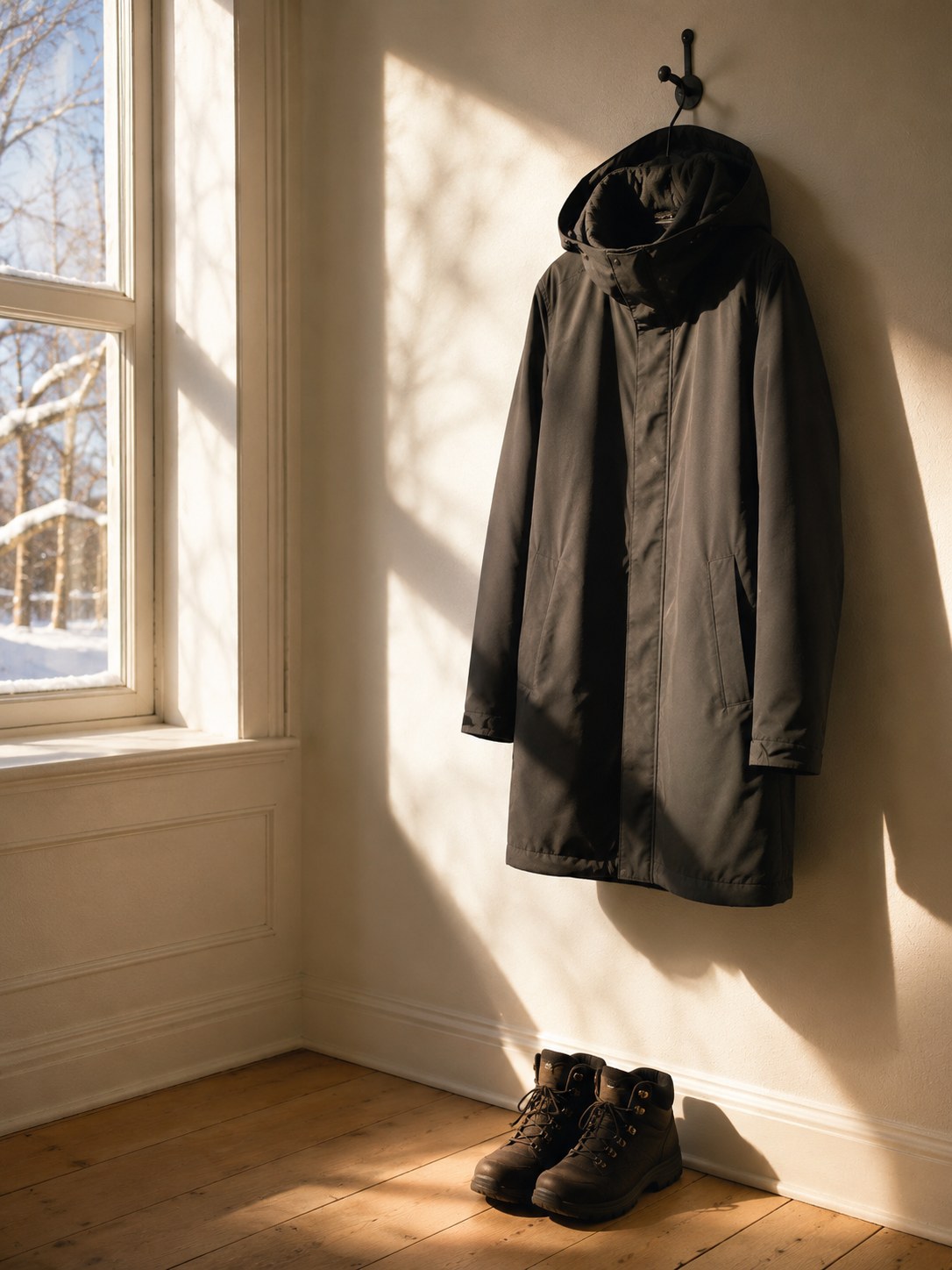 A coat on a hook by a door, boots below